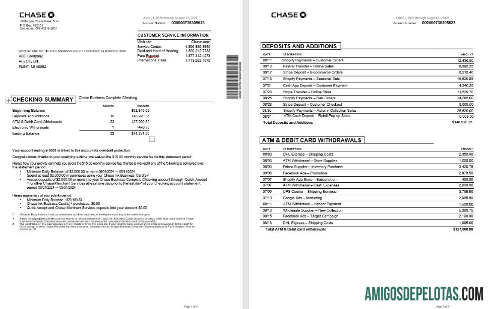 Extrato do USA Chase Business Bank 5 páginas, modelo Word e PDF
